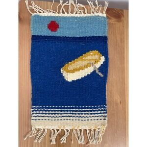 Hand Woven 11 x 7.5" Tapestry Wool Wall Hanging Beach Scene Boat Sun Art Decor